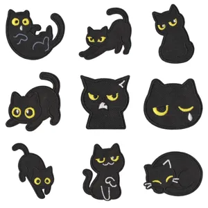 Cute black cat embroidered patches, funny emotional kitty iron-on appliques for clothes.
