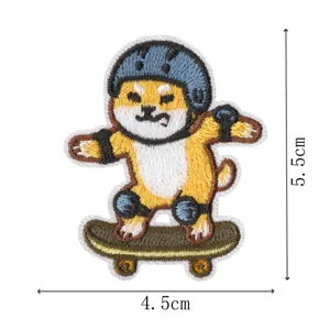 Detailed view of cute dog skateboard embroidered iron-on patch, DIY clothing accessory.