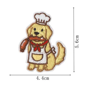 Cute golden retriever chef embroidered patch for clothing and backpack decoration, detail view.