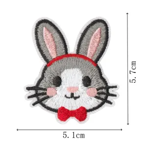 Cute rabbit embroidery patch detail showing precise dimensions, fine stitching and soft fabric.