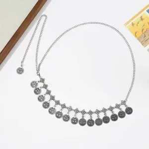Ethnic metal coin waist chain detail, vintage tassel belt accessory for women dresses.