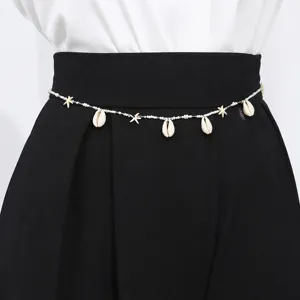 Women Fashion Shell Starfish Waist Chain Beach Vacation Beaded Metal Chain Body Jewelry Adjustable Belly Chain