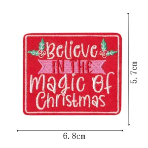 Christmas embroidered patch detail showing 6.8x5.7cm size and festive slogan design.