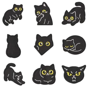 Cute black cat embroidered patches set, perfect for clothing repair, DIY jackets and backpacks.