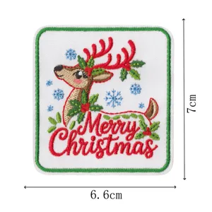 Christmas deer embroidery patch iron on square badge DIY clothing repair applique decor.