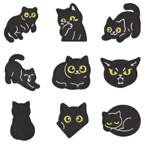 Cute black cat embroidered patches set, assorted poses, ideal for clothing repair and backpack.