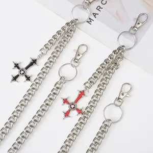 Hip Hop Punk Metal Pants Chain With Black Red Cross Pendant Unisex Streetwear Fashion Waist Chain Jeans Accessory