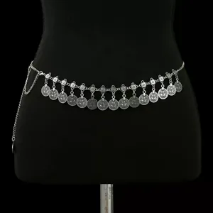 Ethnic coin tassel waist chain for women, vintage silver metal belly dance belt dress decor.