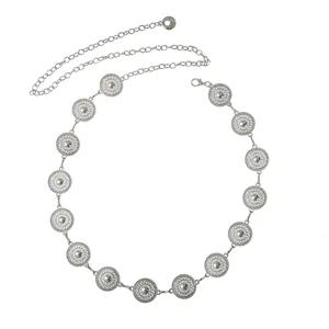 Silver vintage metal waist chain with filigree round discs elegant dress belt jewelry accessory