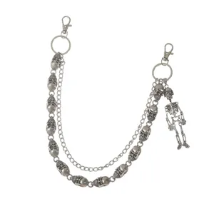 Silberne Gothic Totenkopf Hosenkette Hip Hop Geldbörsenkette mit Skelett Anhänger.