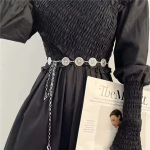 Metal waist chain detail, vintage filigree coin dress belt and decorative hanging chain.