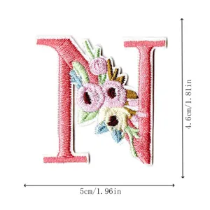 Pink letter N embroidery patch with floral design, ideal for DIY clothing accessories and crafts decoration.