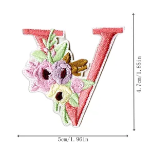 Floral letter V embroidered patch iron on badge DIY clothing accessory applique 5x4.7cm