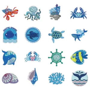 Ocean Theme Embroidery Cloth Patches Cute Marine Life Blue Whale Crab Turtle Iron On Patches For Clothing DIY