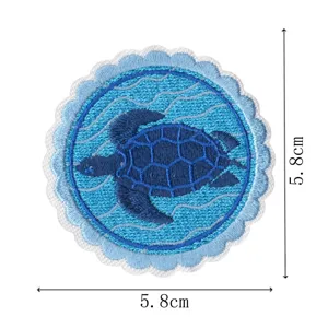 Round sea turtle embroidered patch blue ocean wave fabric badge applique 5.8cm DIY decor