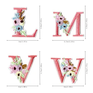 Pink floral embroidered letter patches L M V W, DIY clothing accessories badge applique.