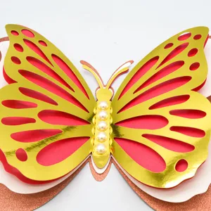 3D Hollow Pearl Butterfly Wall Sticker Gold Red Multi-Layer Wedding Party Wall Decor