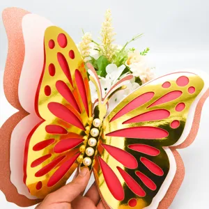 3D gold and pink pearl hollow butterfly wall sticker detail view for wedding decor