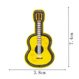 Cartoon guitar embroidered patch detail view showing height 7.4cm and width 3.8cm dimensions.