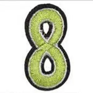 Embroidered number 8 patch detail view, green digit with black border for DIY clothing decoration.