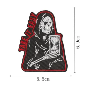 Skeleton hourglass embroidered patch detail view, perfect for denim jackets and bags decoration.