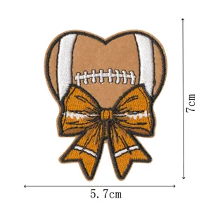 Football heart embroidered patch with bow decorative iron on badge for clothing DIY decor
