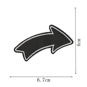 Black curved arrow embroidered patch with iron-on adhesive backing, perfect for jacket decor.