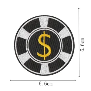 Black and white casino poker chip embroidered patch with dollar sign, iron on garment accessory.