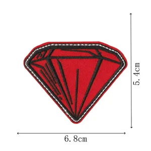 Red diamond embroidered patch with iron-on adhesive backing, DIY clothing accessory.