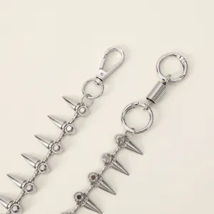 Punk style metal rivet waist chain, trendy silver hip-hop pants chain with shiny rhinestones.