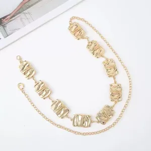 Gold metallic waist chain detail featuring irregular wavy rectangular blocks for stylish looks.