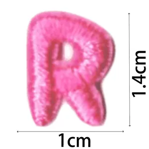 Pink letter R embroidered patch cute DIY clothing accessory iron on 1x1.4cm detail view