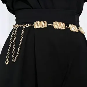 Gold metal waist chain featuring irregular wavy rectangular plates and chic cascading drape details.
