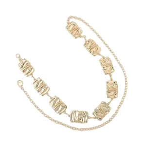 Retro gold metal waist chain with irregular wavy rectangular links for women fashion stylish belt.
