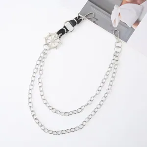 Punk style double layer metal pants chain with steering wheel charm for hip hop street wear