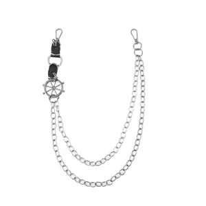 Punk style double layer metal pants chain with steering wheel pendant for men and women hip hop.