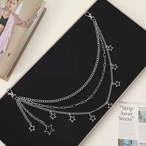 Cadena de pantalón con estrella multicapa, cadena de cintura plateada de metal para uso diario.