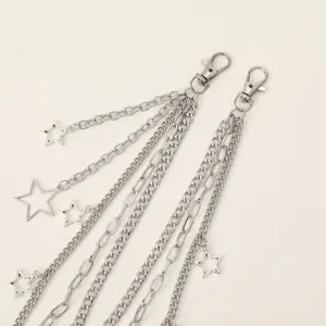 Cadena de pantalón de metal plateado multicapa con dijes de estrella, accesorio punk.