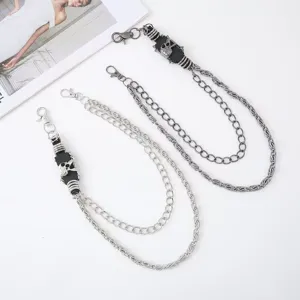 Punk gothic double layer metal wallet chain with skull charm for jeans and trousers.