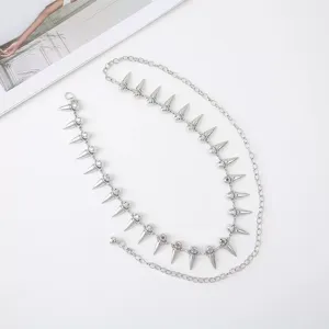 Punk style metal spike waist chain with rhinestone details, trendy hip-hop jeans accessory.