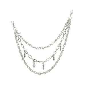 Silver multi-layer hip-hop pants chain with cool bullet pendants for stylish men women.
