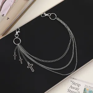 Silver multi-layer cross pants chain hip-hop punk style metal waist chain accessories.