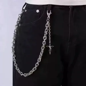 Gothic punk metal pants chain, heavy duty double layer skull chain with cross pendant for men.