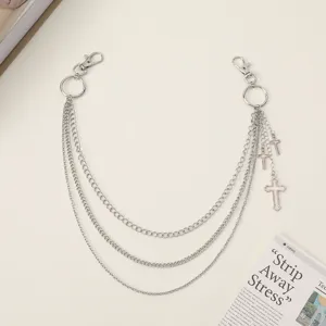 Detailed view of silver punk cross pants chain, multi-layer metal waist chain detail.