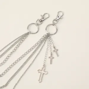 Punk style multi-layer metal cross pants chain detail view, hip hop waist accessory