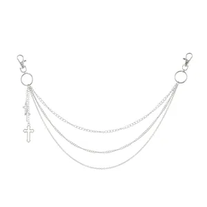 Silver multi-layer punk style pants chain with cross charms, detailed waist chain shot.