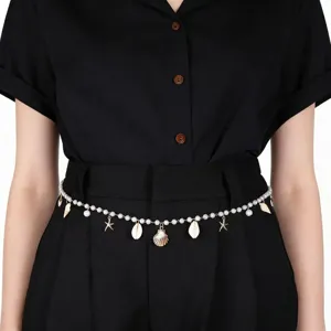 Femmes Bohème Plage Chaîne de Taille Perle Artificielle Coquillage Étoile Chaîne de Corps Or Métal Ajustable Bijoux de Taille