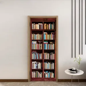 Retro 3D bookshelf door sticker, removable waterproof wall wallpaper for bedroom decor.