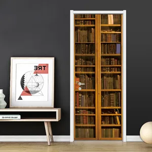 3D Vintage Bookshelf Door Sticker Removable Waterproof Self-Adhesive Wall Mural Decor