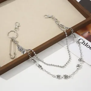 Vintage punk skull layered pants chain and keychain accessory for men and women, silver tone.